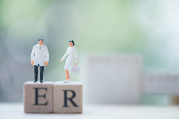 Miniature people: Doctor and nurse standing on wooden block with words ER.