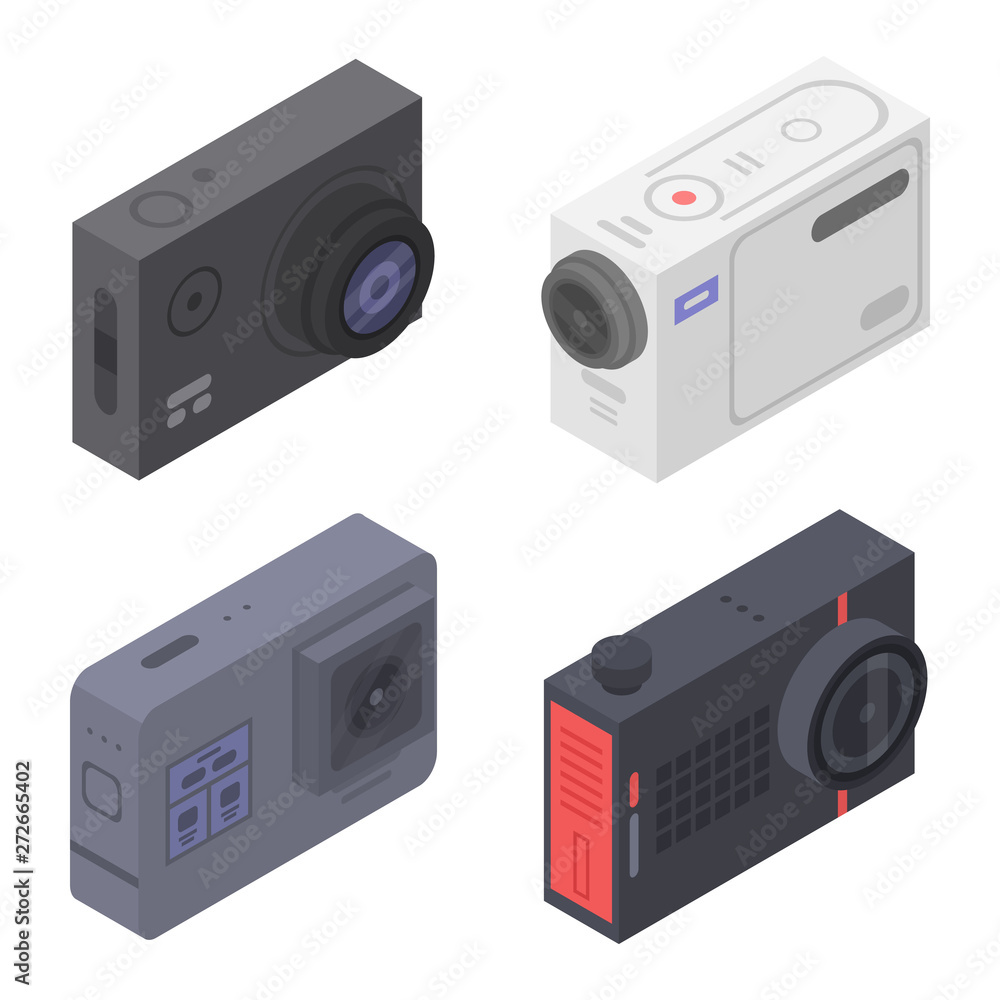 Poster action camera icons set. isometric set of action camera vector icons for web design isolated on whit
