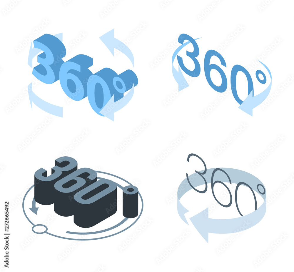 Poster 360 degrees icons set. isometric set of 360 degrees vector icons for web design isolated on white ba