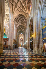 Fototapeta na wymiar Vista de Segovia con catedral gótica, casas antiguas típicas, muralla de la ciudad. Noches, pináculos y torre. Segovia, España