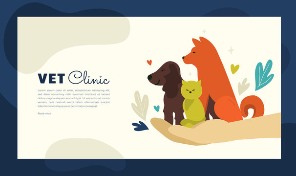 Design for vet clinic, pet care, medicine, veterinary hospital. Vector illustration with healthy dogs and cat for banner, leaflet, brochure, flyer, landing page layout, presentation, blog post. 