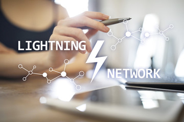Lightning network - second layer payment protocol that operates on top of a blockchain. Bitcoin, cryptocurrency, internet payment.