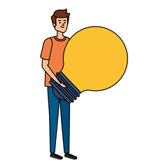 young man lifting bulb light