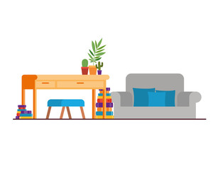 living room with desk and books