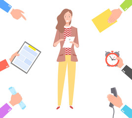 Lady at work vector, woman with working task writing down info from partners and coworkers, hands with telephone and time clock, notepad isolated