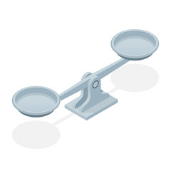 Isometric balance scales isolated on white background. Symbol of law and justice.