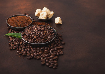 Fresh raw organic coffee beans with ground powder and cane sugar cubes with coffee trea leaf on brown background.