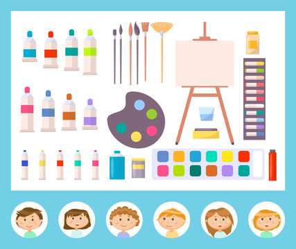 Instruments for painting and different brushes, canvas and other tools in cartoon style, paint art. Stickers decorated by round icons with smiling kids vector