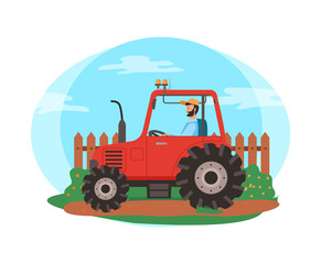 Obraz na płótnie Canvas Person in tractor vector, agriculture and husbandry seasonal works. Man sitting in agricultural machinery, fence and bushes of rural area isolated