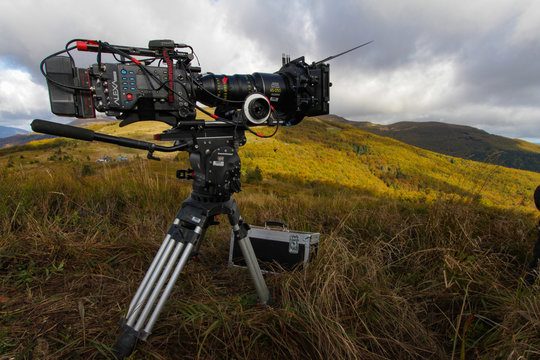 Professional film camera in the open air.