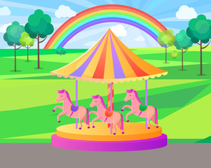 Obraz na płótnie Canvas Amusement park carousel vector, entertainment and relaxation childhood activities and fun in spring. Landscape and fair weather, pony riding countryside