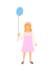 Girl with balloon in hands isolated child with inflatable toy. Vector cartoon toy in pink dress, cute kindergarten kid in flat design cartoon style