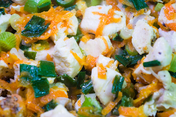 preparation of home diet dishes of white chicken meat with carrots, onions and spices, close-up