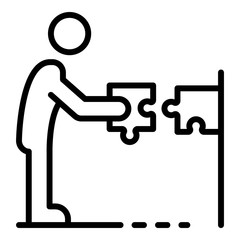 Man take puzzle icon. Outline man take puzzle vector icon for web design isolated on white background