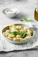 Meat dumplings - russian pelmeni, ravioli with meat on a white plate