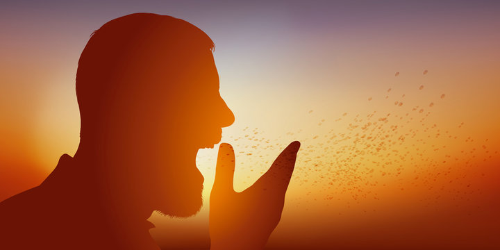 Concept de la contagion d&rsquo;une &eacute;pid&eacute;mie de grippe, avec un malade contamin&eacute;, qui &eacute;ternue et propage ses microbes, en &eacute;ternuant, bien que mettant sa main devant la bouche.