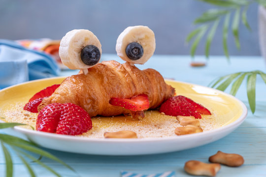 Fun Food For Kids. Cute Crab Croissant With Fruit For Kids Breakfast