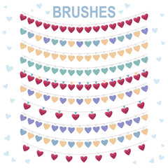 Vector pattern brushes with red and checkered colorful hearts. Garlands.