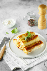 tasty stuffed pancakes crepes with meat closeup. Thin pancakes with fillings. Russian Fried Stuffed Pancakes Blintzes with Meat. Food photo