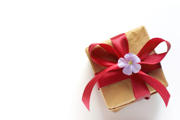 Gift with red ribbon decorated with blue flower top view. romantic surprise