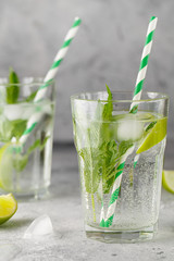 homemade lemonade with lime, mint in a glass on a gray concrete background. Healthy Fresh Mint Water with Lime and ice.
