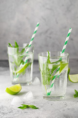 homemade lemonade with lime, mint in a glass on a gray concrete background. Healthy Fresh Mint Water with Lime and ice.