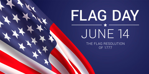 June 14th - Flag Day in the United States of America. Vector banner design template featuring the American flag and text on a dark blue background.	