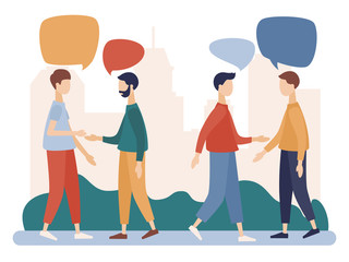 Fototapeta premium Men talking. People discuss social network, news, social networks, chat, dialogue speech bubbles. Flat cartoon style. Vector illustration