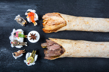 Turkish cuisine, wraps restaurant. Chicken Doner Burrito and Meat Doner Burrito. Family size doner...