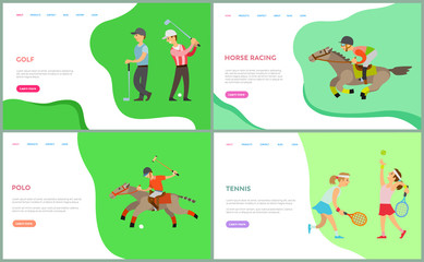 Fototapeta premium People in sportswear playing golf, tennis and polo, horse racing. Sport activity, male and female character training, championship or hobby vector. Website or webpage template, landing page flat style