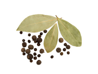 Bay leaf, allspice and pepper isolated on white background