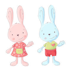 Cartoon illustration of a cute two bunnies a boy and a girl. Vector illustration