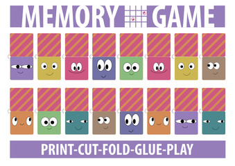 Memory card game with smiling faces. Printable horizontal album A4