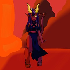 Demon cartoon character in red.  Demoness with big yellow horns.