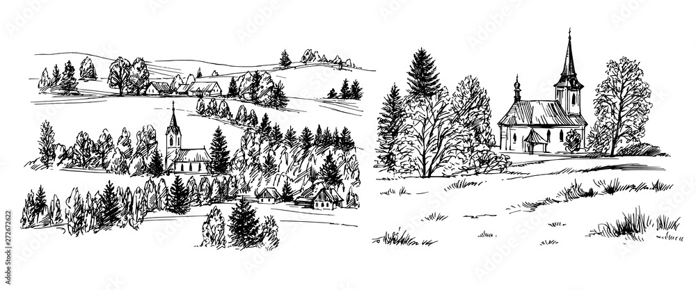 Wall mural countryside village landscape with church and houses. hand drawn vector illustration.