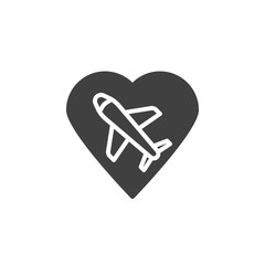 Honeymoon trip vector icon. filled flat sign for mobile concept and web design. Heart with plane glyph icon. Symbol, logo illustration. Vector graphics