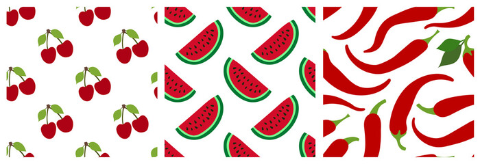 Cotton fabric Cherry, watermelon, pepper. Fruits and vegetables seamless pattern set. Fashion design. Food print for clothes, linens or curtain. Hand drawn vector sketch background collection
