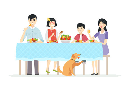Happy Chinese family having dinner together - modern cartoon people characters illustration