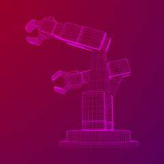 Robotic arm manufacture technology industry assembly mechanic hand wireframe low poly mesh vector illustration