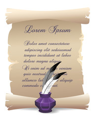 Old Inkwell with Feathers on the Scroll Background