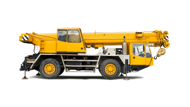 Yellow Mobile Crane Truck Side View Isolated On White