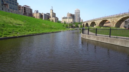 Mill Ruins Park in Minneapolis, with view of the Stone Arch Bridge
