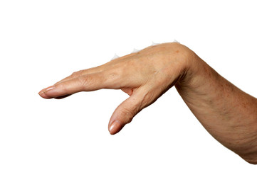 Hand of senior woman on white background, close up