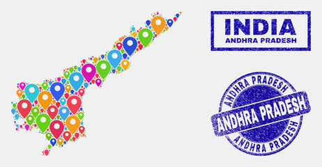 Vector bright mosaic Andhra Pradesh State map and grunge seals. Flat Andhra Pradesh State map is created from randomized colorful map markers. Stamp seals are blue, with rectangle and rounded shapes.