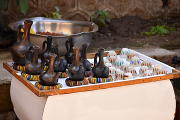 Coffee pots and cups ready for Ethiopian coffee ceremonyy