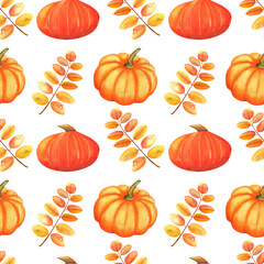 Seamless pattern with autumn pumkin and  yellow leaves on a white background . Hand painted in watercolor.