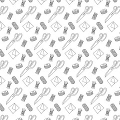 Hand drawn sewing vector pattern. Handicraft seamless background.