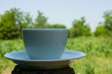 White coffee cup on a concrete pillar in nature.Coffee time