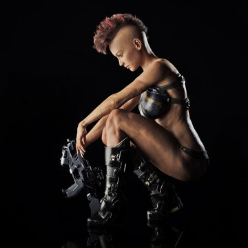 Side portrait of a futuristic sexy sci fi warrior female posing on a reflective surface and black background. 3d rendering