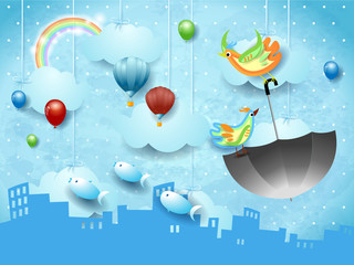 Surreal landscape with urban skyline, flying umbrella and fishes